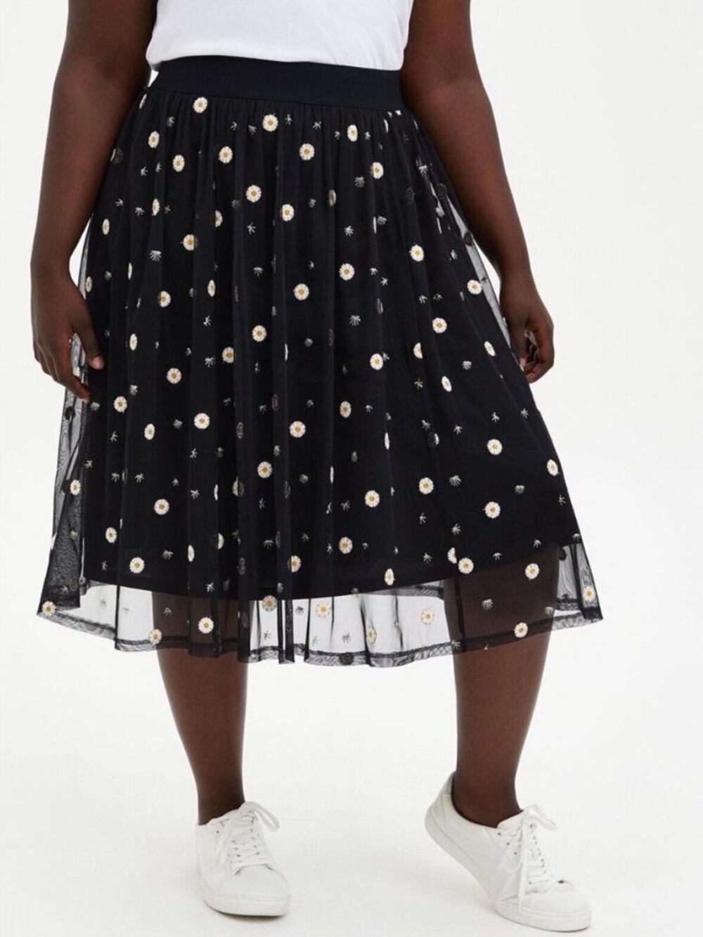 Torrid NWT Black Embroidered Daisy Print Mesh Overlay Midi Skirt 6X